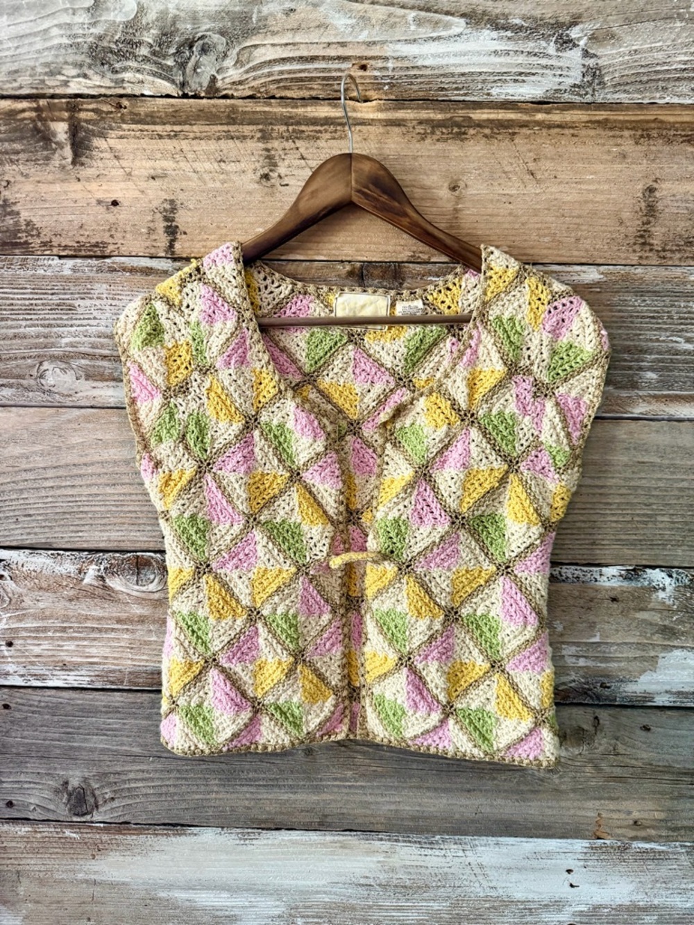 ANTHROPOLOGIE GUINEVERE Crochet Knit Top Boho Pastel Granny Square Cottagecore